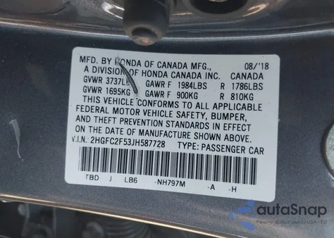 2018 Honda Civic Lx z USA, uszkodzony, nr VIN 2HGFC2F53JH587728